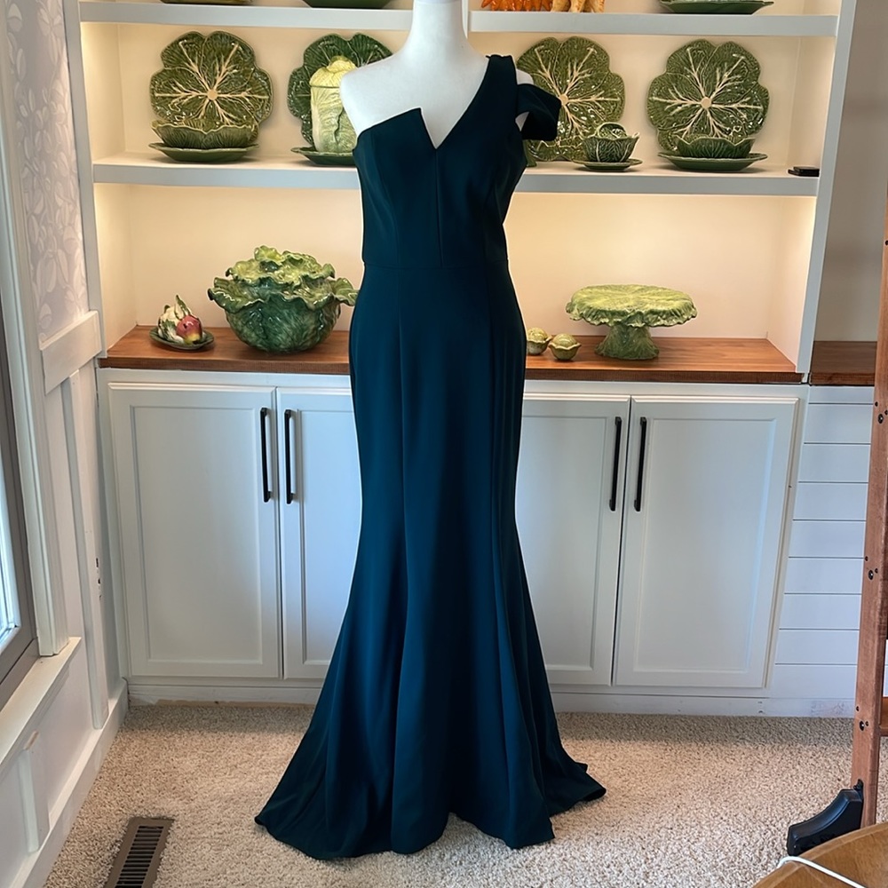 Betsy and Adam Teal Asymmetrical Shoulder Gown Size 10 Worn Once